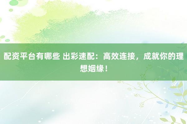 配资平台有哪些 出彩速配：高效连接，成就你的理想姻缘！